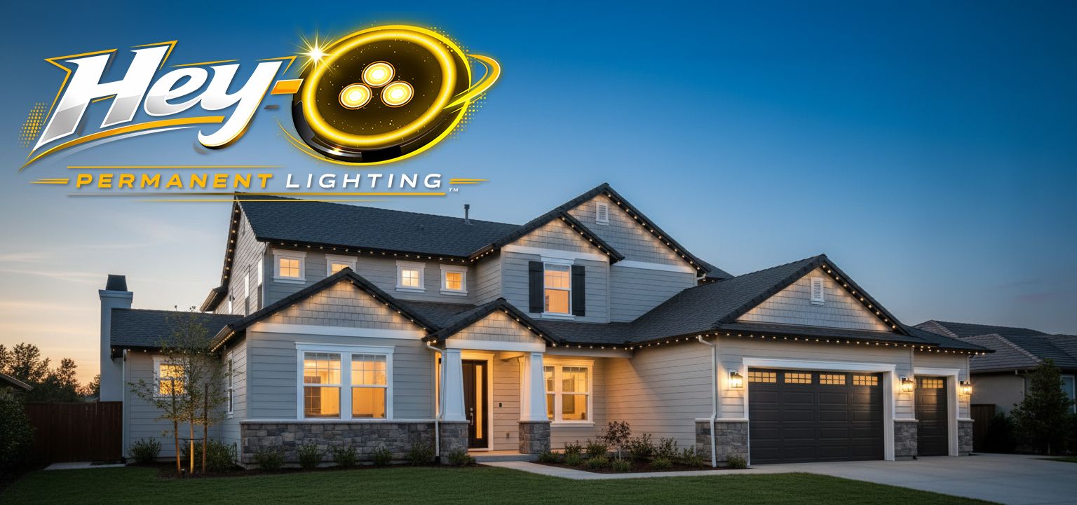 Hey-O Permanent Lighting installed on a home at night